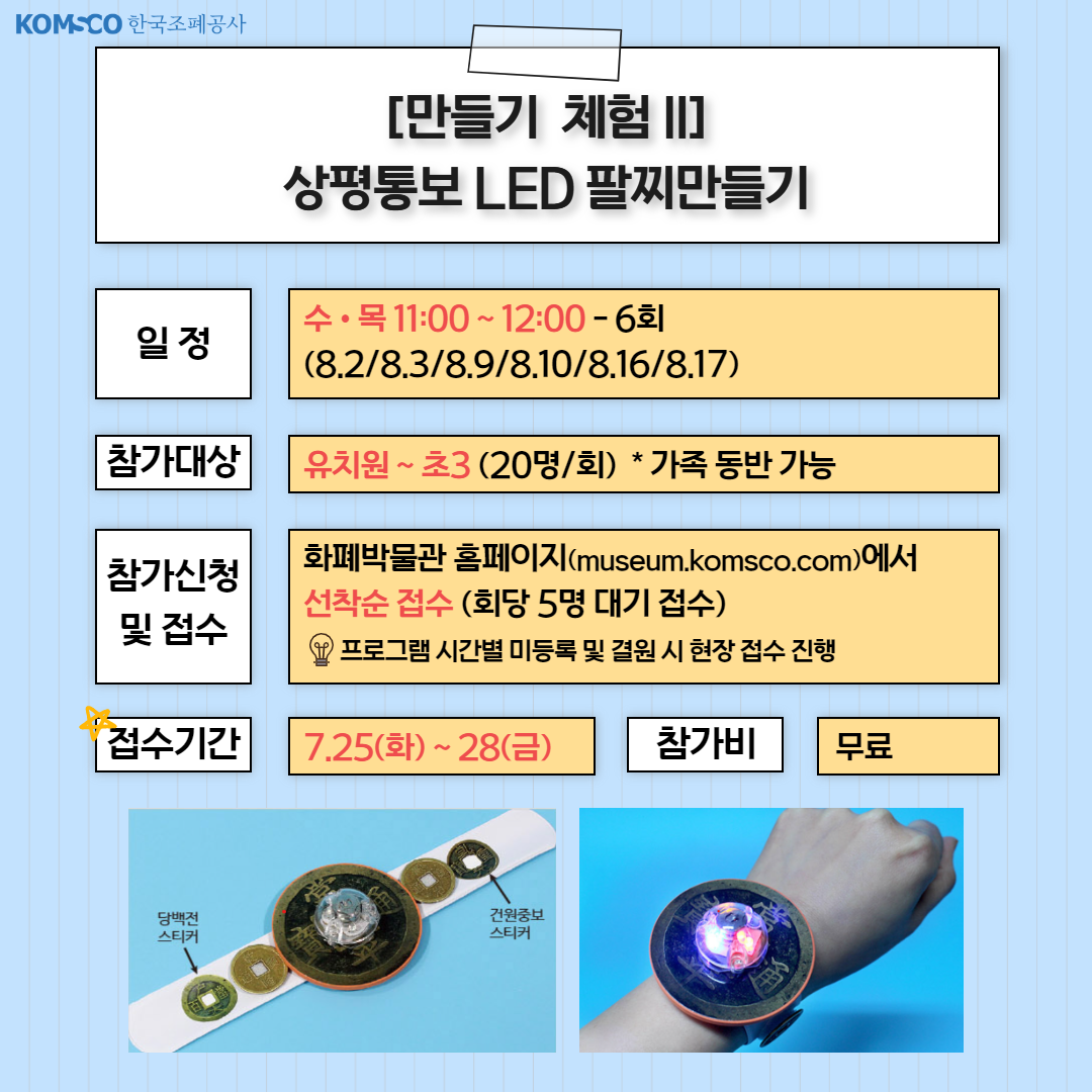 [만들기 체험] 상평통보 LED 팔찌 만들기 . 일정 : 수·목 11:00~12:00- 4회. 참가대상 : 유치원~초3(20명/회) *가족 동반 가능. 참가신청 및 접수 : 화폐박물관 홈페이지(museum.komsco.com)에서 선착순 접수(회당 5명 대기 접수)/ 프로그램 시간별 미등록 및 결원 시 현장 접수 진행. 접수기간 : 7.25.(화) ~ 28.(금) 참가비: 무료