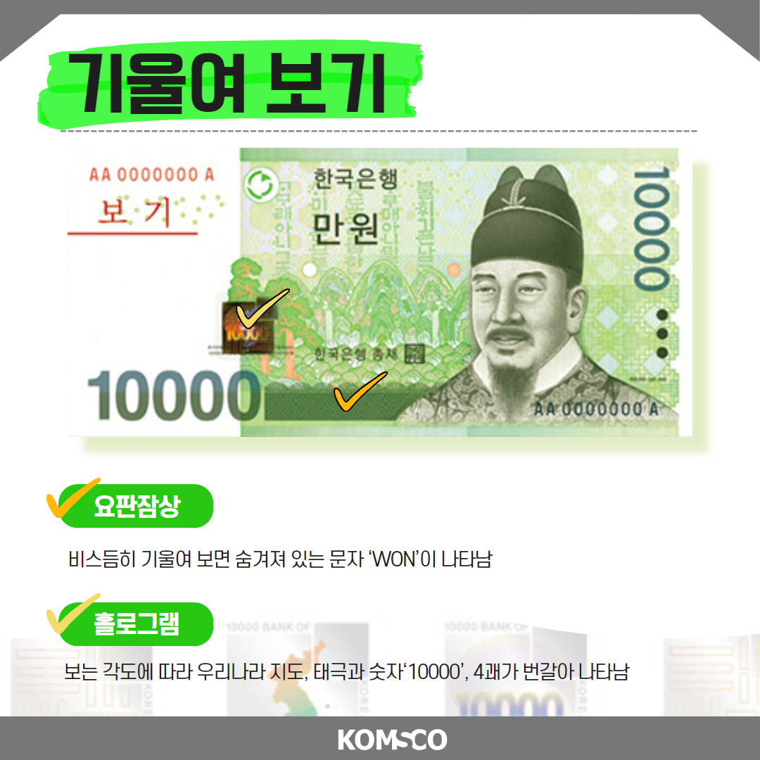기울여 보기  요판잠상 - 비스듬히 기울여 보면 숨겨져 있는 문자 'WON'이 나타남  홀로그램 - 보는 각도에 따라 우리나라 지도, 태극과 숫자'10000', 4괘가 번갈아 나타남 komsco