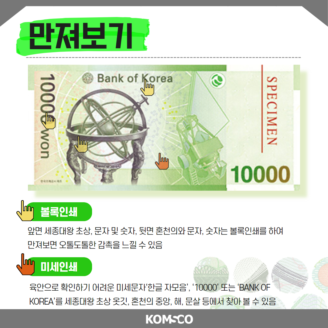 만져보기  볼록인쇄 - 앞면 세종대왕 초상, 문자 및 숫자, 뒷면 혼천의와 문자, 숫자는 볼록인쇄를 하여 만져보면 오톨도톨한 감촉을 느낄 수 있음  미세인쇄 - 육안으로 확인하기 어려운 미세문자 '한글 자모음', '10000' 또는 'BANK OF KOREA'를 세종대왕 초상 옷깃, 혼천의 중앙, 해, 문살 등에서 찾아 볼 수 있음 komsco