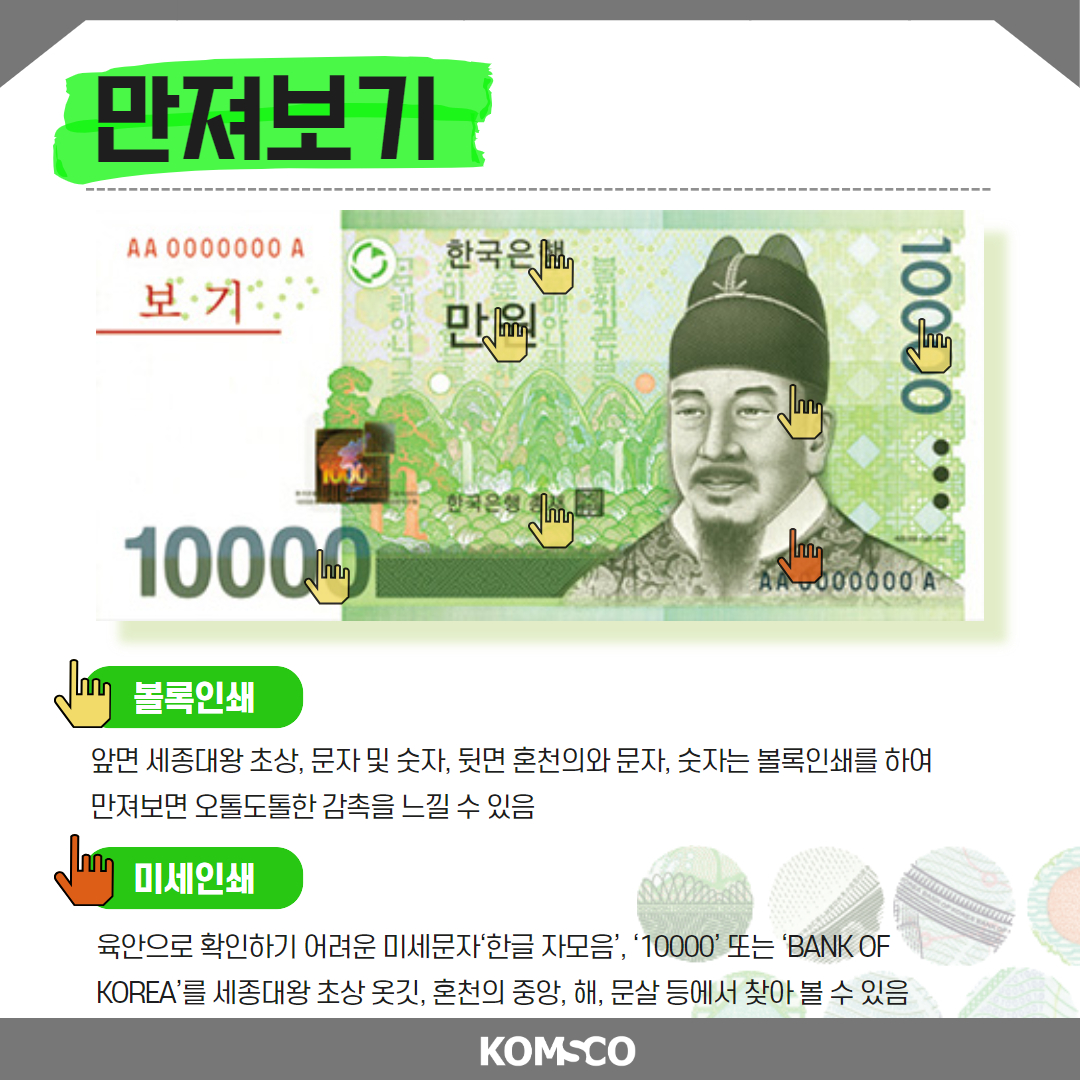 만져보기  볼록인쇄 - 앞면 세종대왕 초상, 문자 및 숫자, 뒷면 혼천의와 문자, 숫자는 볼록인쇄를 하여 만져보면 오톨도톨한 감촉을 느낄 수 있음  미세인쇄 - 육안으로 확인하기 어려운 미세문자 '한글 자모음', '10000' 또는 'BANK OF KOREA'를 세종대왕 초상 옷깃, 혼천의 중앙, 해, 문살 등에서 찾아 볼 수 있음 komsco