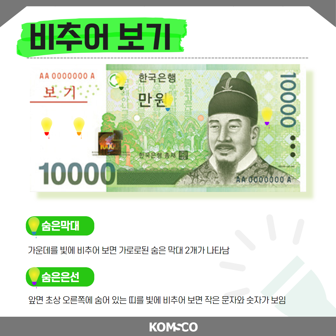 비추어 보기  숨은막대 - 가운데를 빛에 비추어 보면 가로로 된 숨은 막대 2개가 나타남  숨은은선 - 앞면 초상 오른쪽에 숨어 있는 띠를 빛에 비추어 보면 작은 문자와 숫자가 보임 komsco