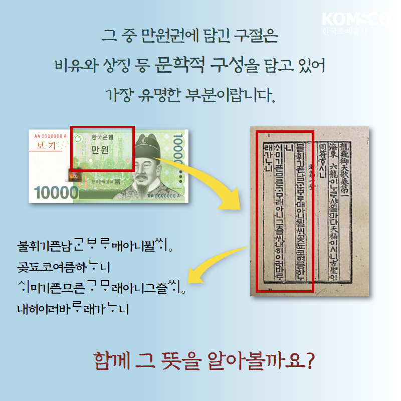 그 중 만원권에 담긴 구절은 비유와 상징 등 문학적 구성을 담고 있어 가장 유명한 부분이랍니다.  함께 그 뜻을 알아볼까요?