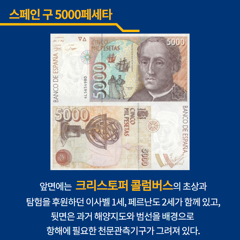 스페인 구 5000페세타.  앞면에는 크리스토퍼 콜럼버스의 초상과 탐험을 후원하던 이사벨1세, 페르난도 2세가 함께 있고, 뒷면은 과거 해양지도와 범선을 배경으로 항해에 필요한 천문관측기구가 그려져 있다.