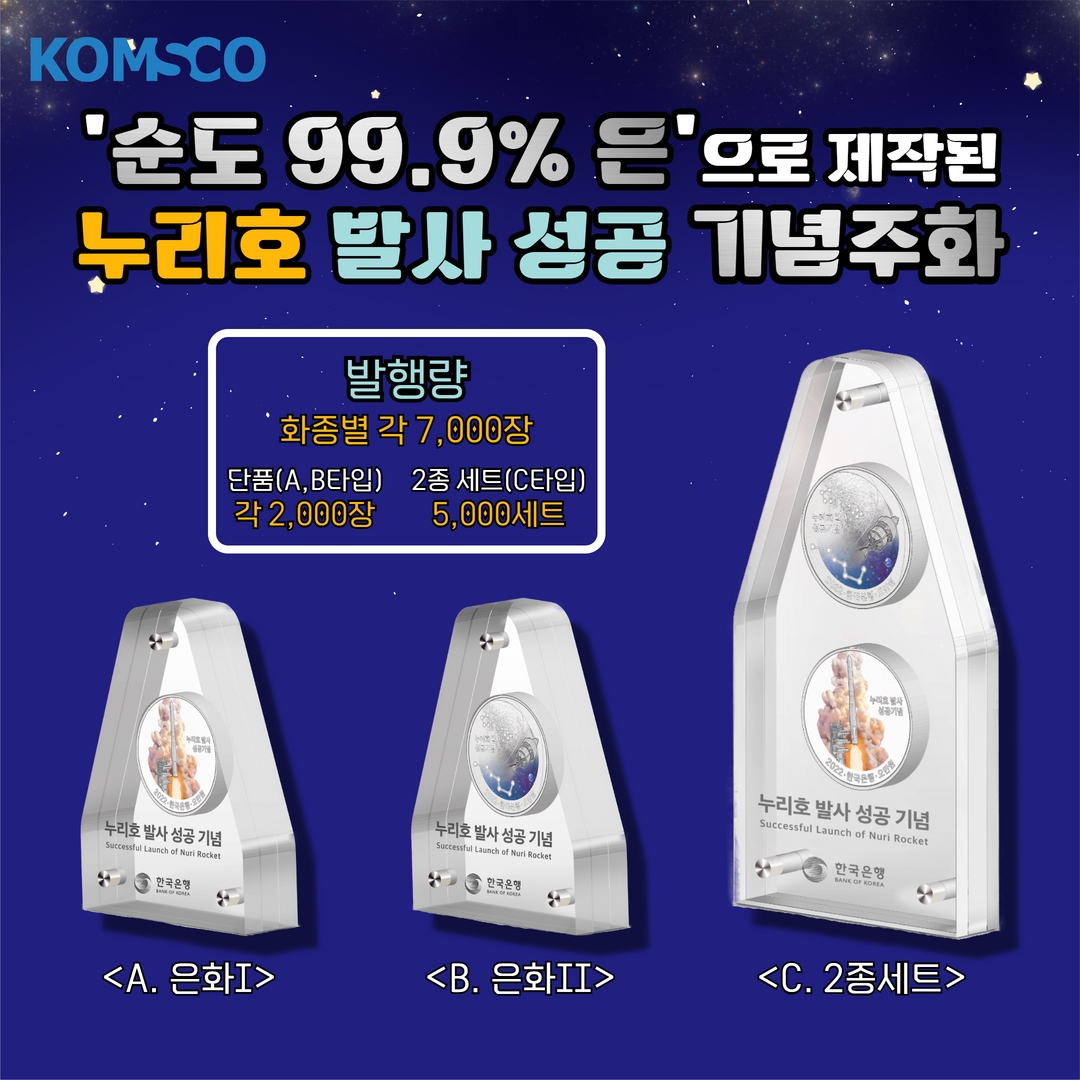 '순도 99.99% 은'으로 제작된 누리호 발사 성공 기념주화 - 발행량 : 화종별 각 7,000장 - 단품(A,B타입) : 각 2,000장 - 2종 세트(C타입) : 5,000세트