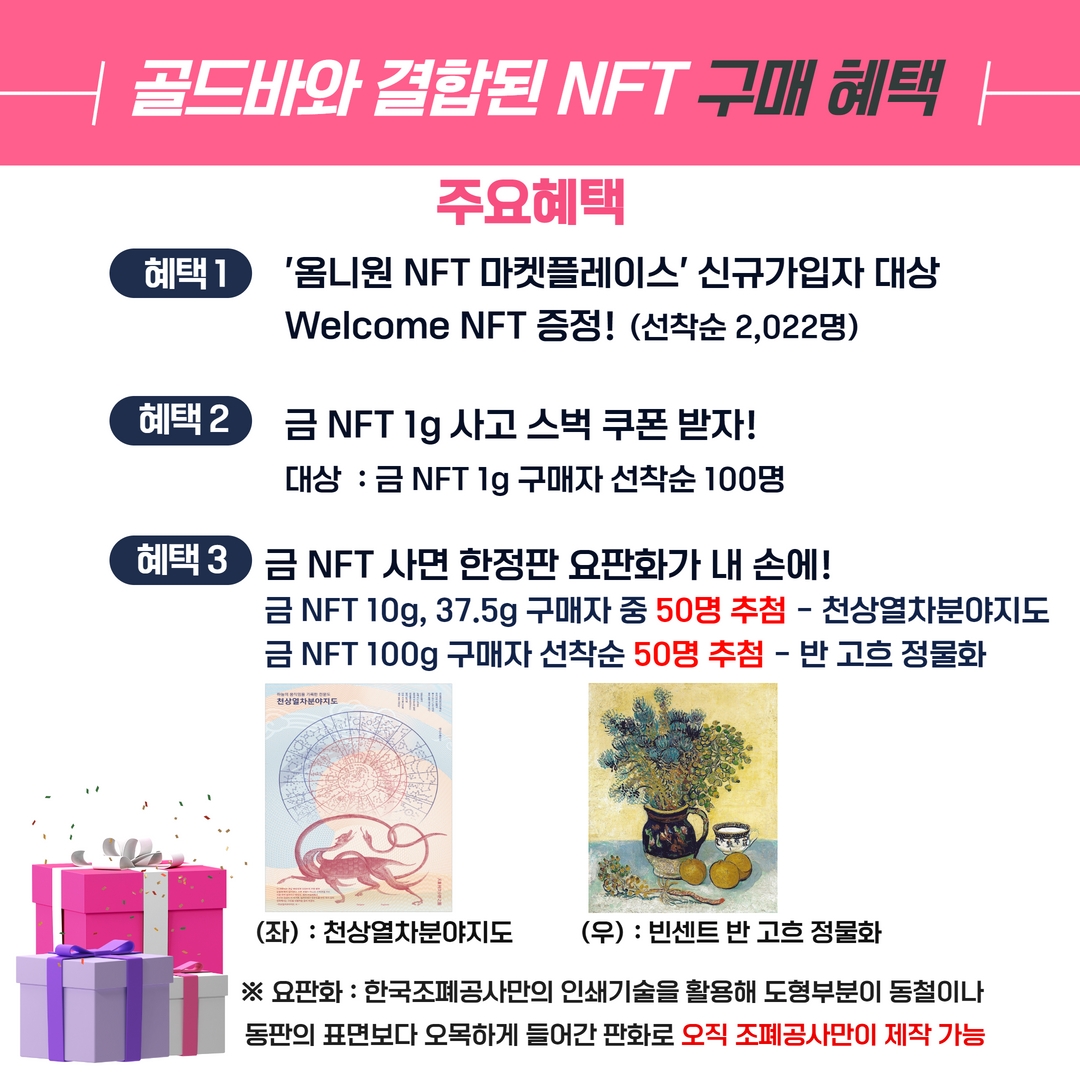 골드바와 결합된 NFT 구매 혜택  주요혜택  혜택1. '옴니원 NFT 마켓플레이스' 신규가입자 대상 Welcome NFT 증정!(선착순 2,022명) 혜택2. 금 NFT 1g사고 스벅 쿠폰 받자! (대상 : 금 NFT 1g 구매자 선착순 100명) 혜택3. 금 NFT 사면 한정판 요판화가 내 손에!   - 금 NFT 10g, 37.5g 구매자 중 50명 추첨 - 천상열차분야지도   - 금 NFT 100g 구매자 선착순 50명 추첨 - 반 고흐 정물화 * 요판화 : 한국조폐공사만의 인쇄기술을 활용해 도형부분이 동철이나 동판의 표면보다 오목하게 들어간 판화로 오직 조폐공사만이 제작 가능