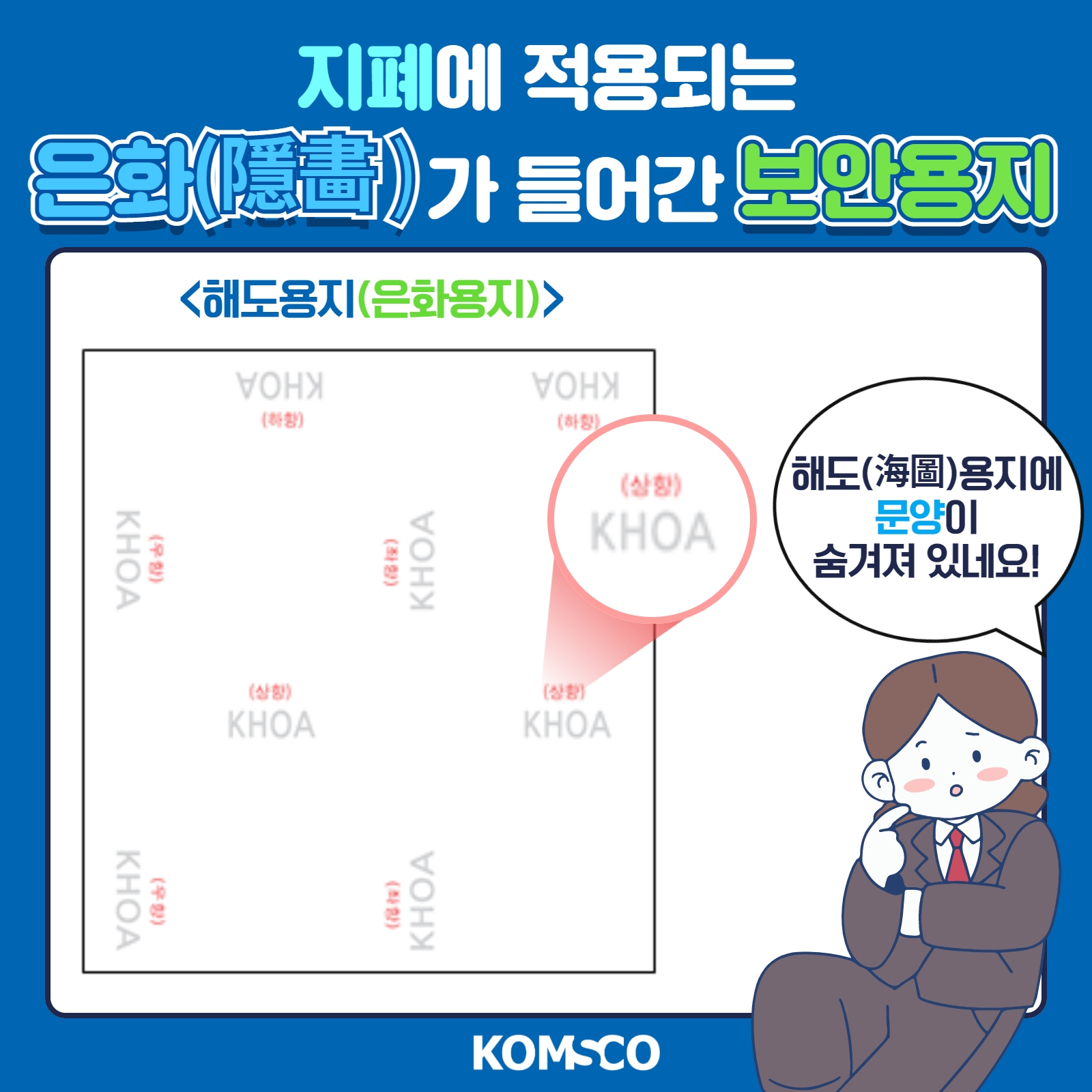 지폐에 적용되는 은화(隱畵)가 들어간 보안용지. <해도용지(은화용지)> 해도(海圖)용지에 문양이 숨겨져 있네요!